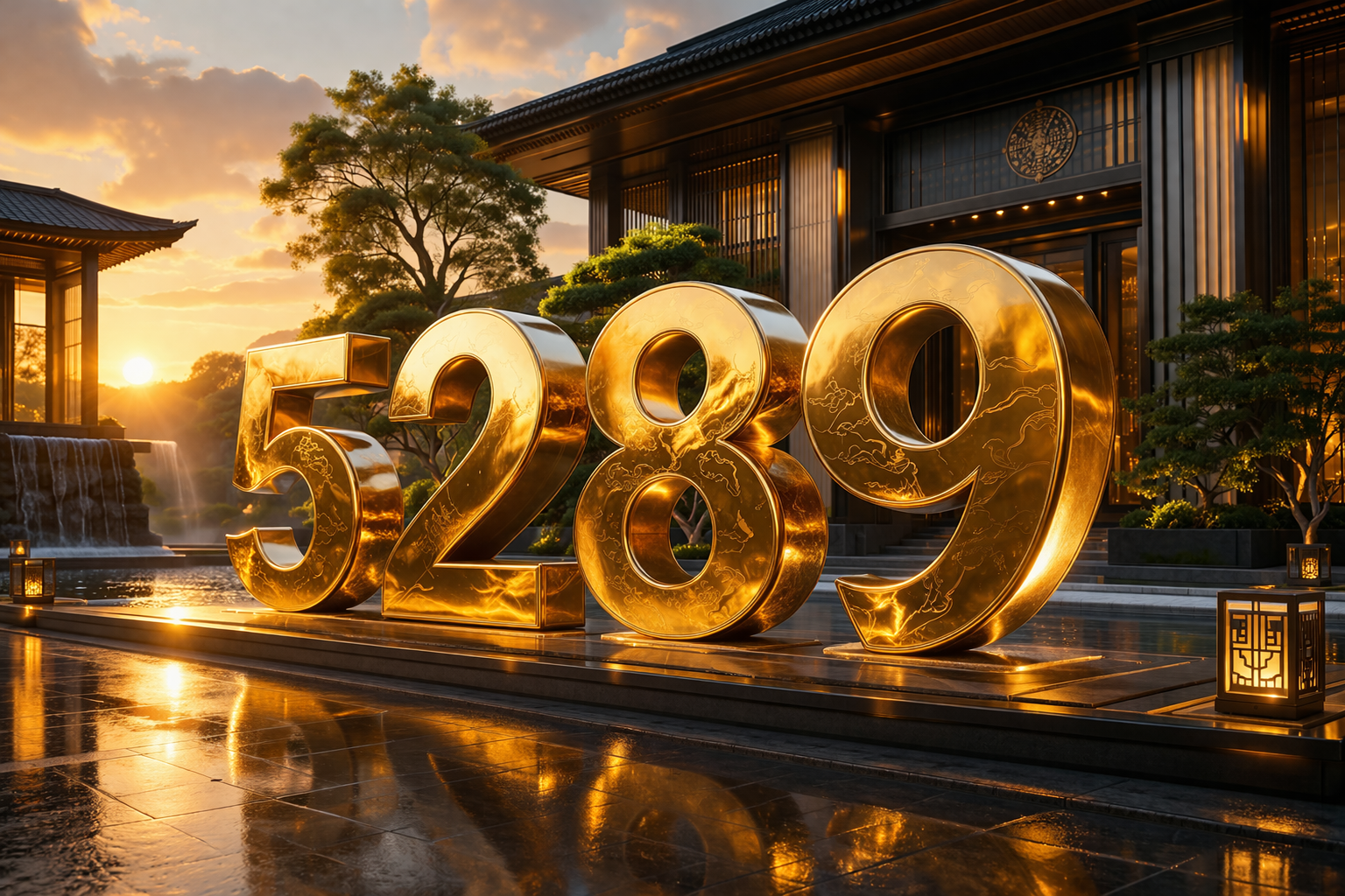 Monumental gold 5289 sculpture in a luxurious courtyard with East Asian architectural influence, warm sunset lighting, ultra-premium wealth aesthetic